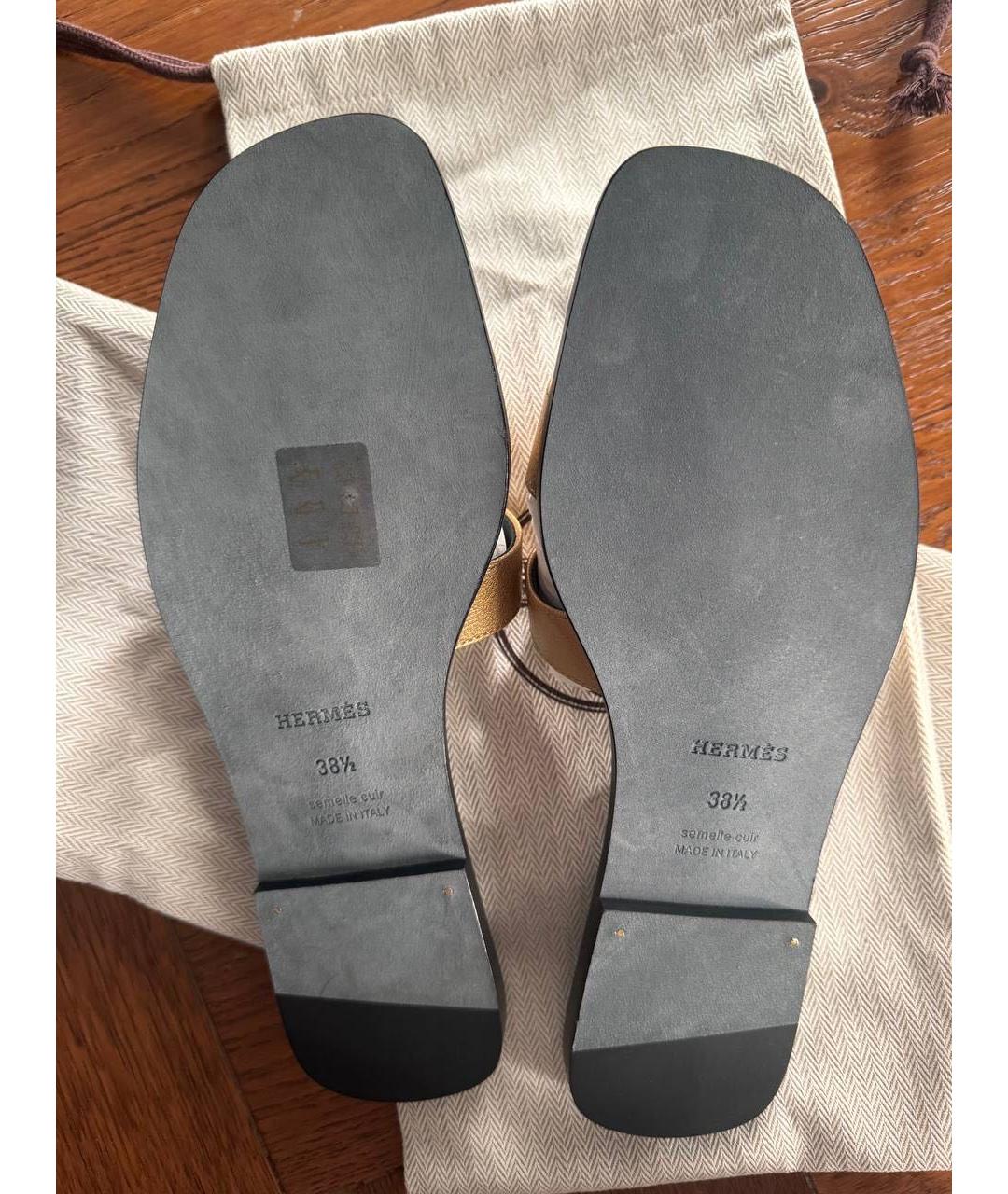 HERMES Золотые кожаные шлепанцы, фото 2