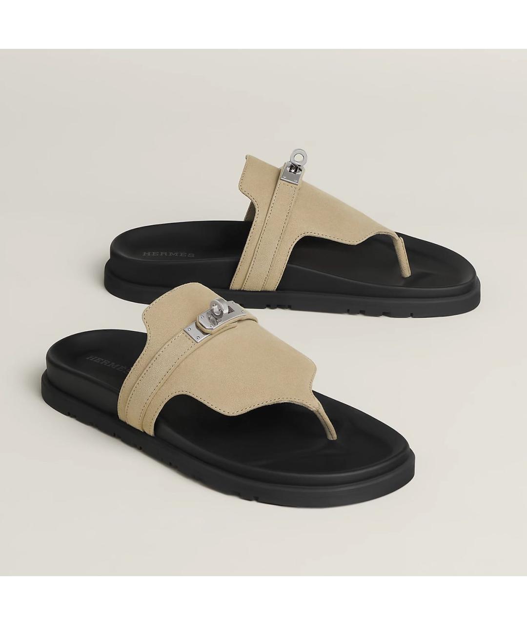 HERMES Бежевые замшевые сандалии, фото 2