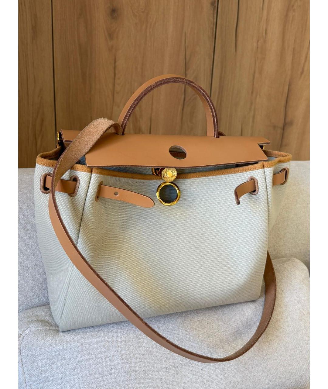 HERMES Бежевая кожаная сумка с короткими ручками, фото 2
