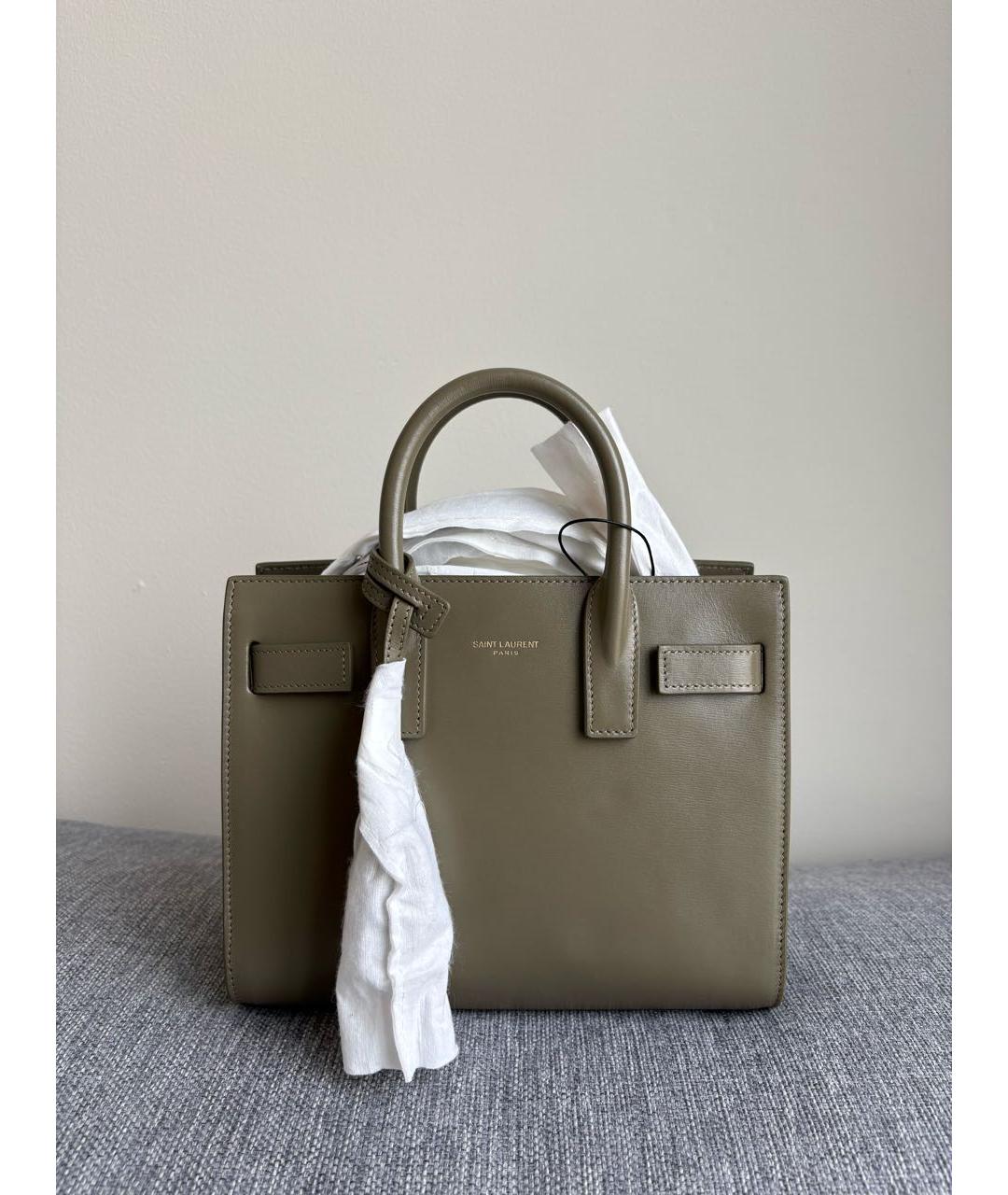 SAINT LAURENT Хаки кожаная сумка с короткими ручками, фото 5