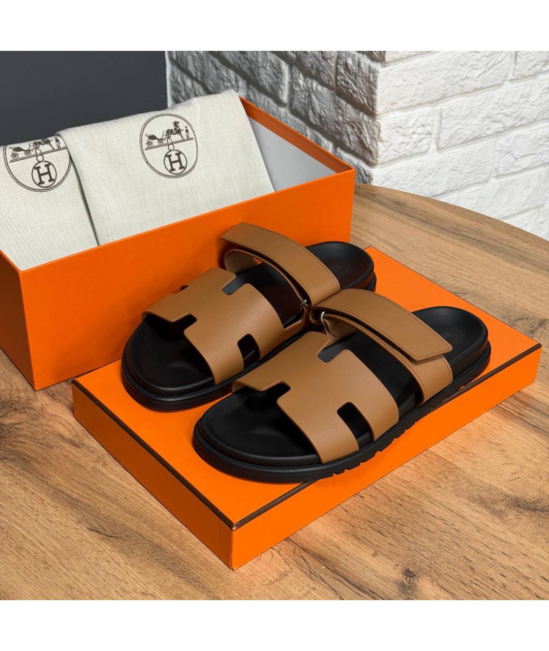 HERMES Коричневые кожаные шлепанцы, фото 2