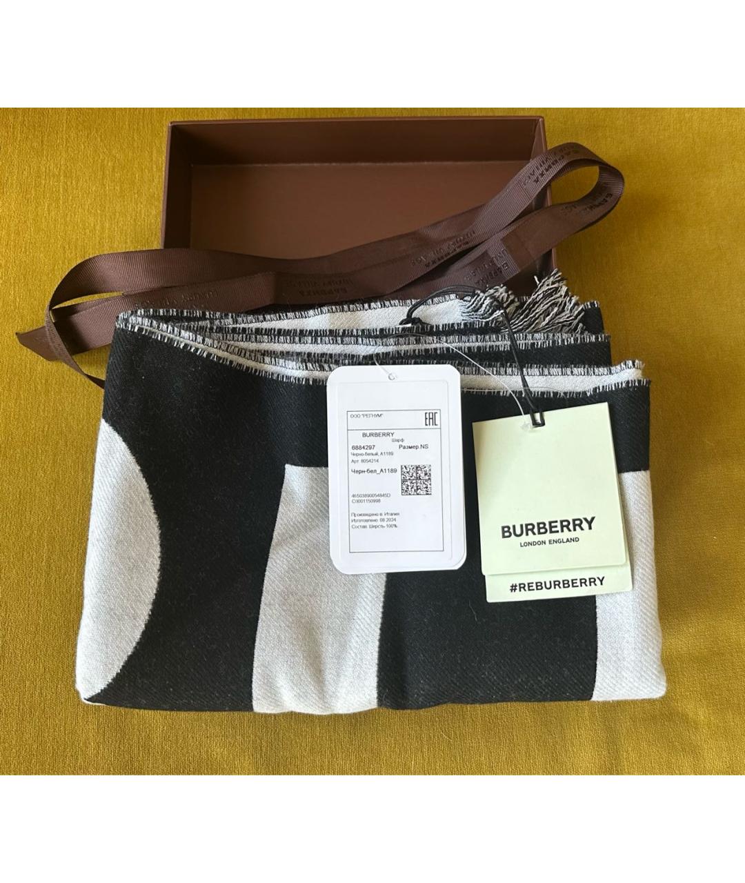 BURBERRY Черный шерстяной шарф, фото 2