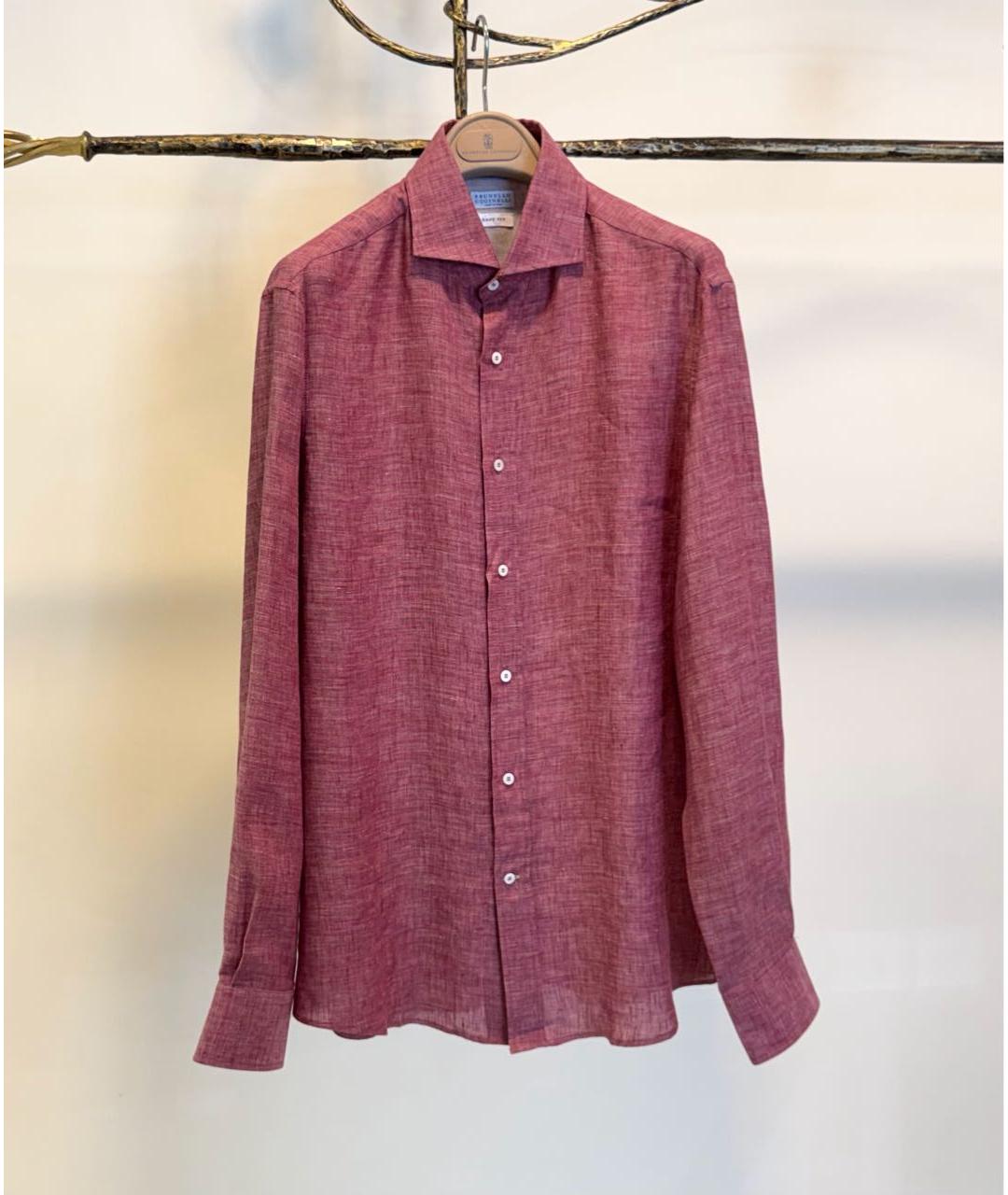 BRUNELLO CUCINELLI Бордовая льняная кэжуал рубашка, фото 7