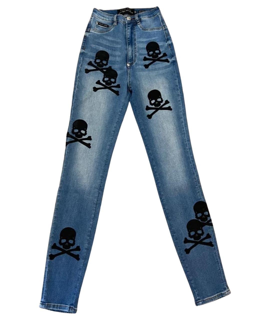 PHILIPP PLEIN Синие хлопко-эластановые джинсы слим, фото 1