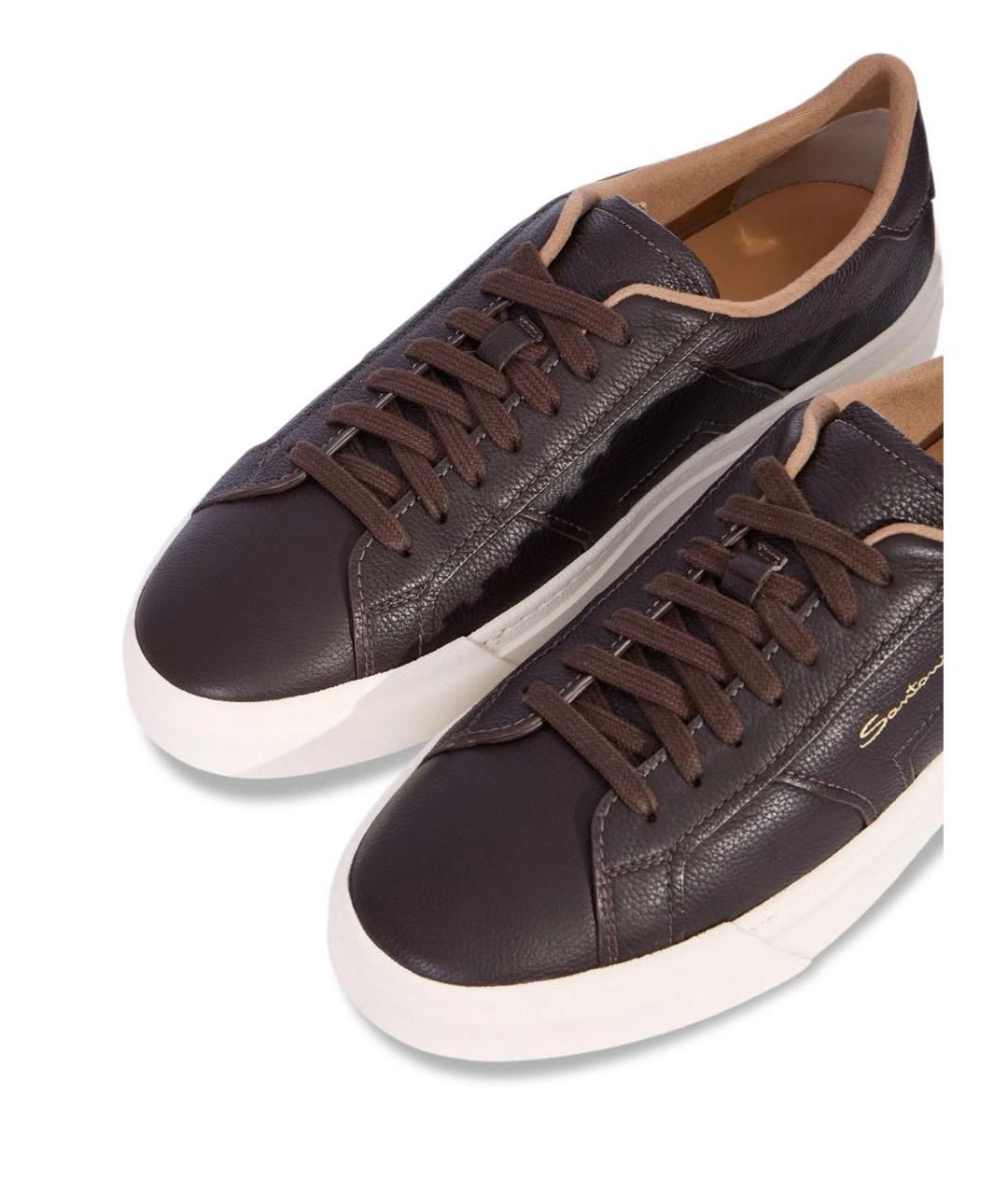 SANTONI Коричневые кожаные низкие кроссовки / кеды, фото 3