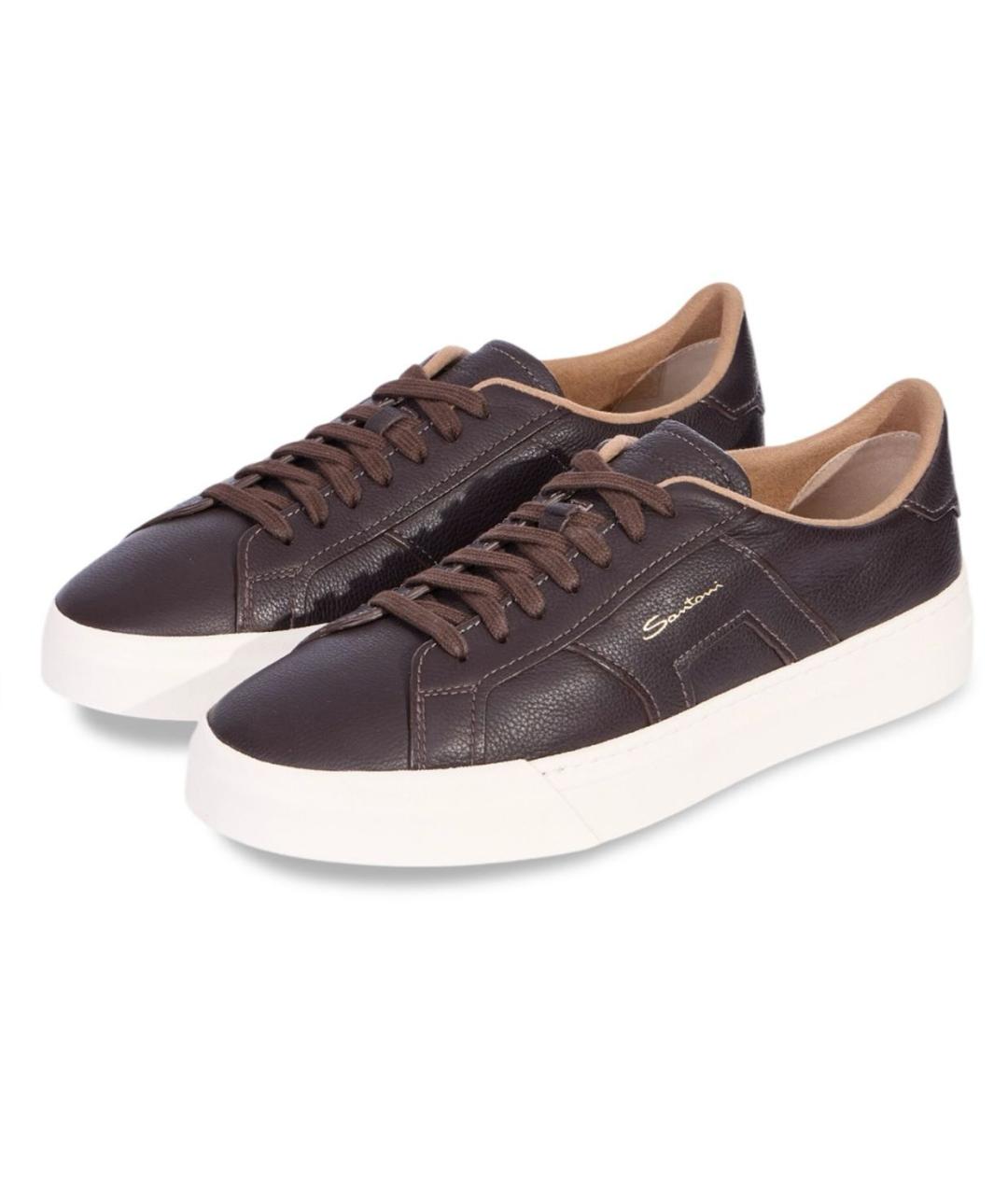 SANTONI Коричневые кожаные низкие кроссовки / кеды, фото 2