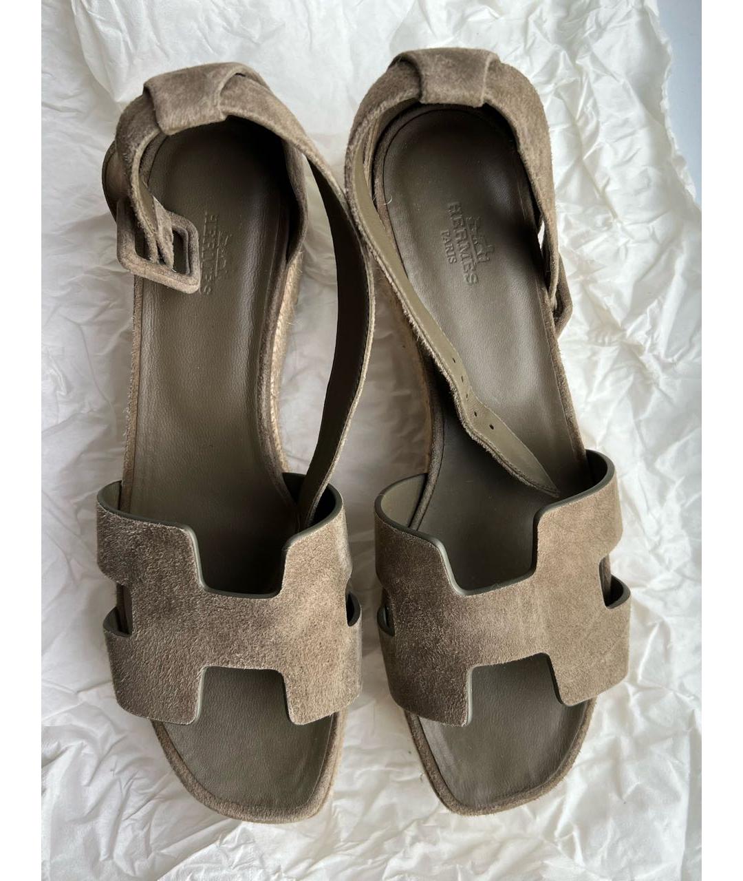 HERMES Хаки замшевые босоножки, фото 3