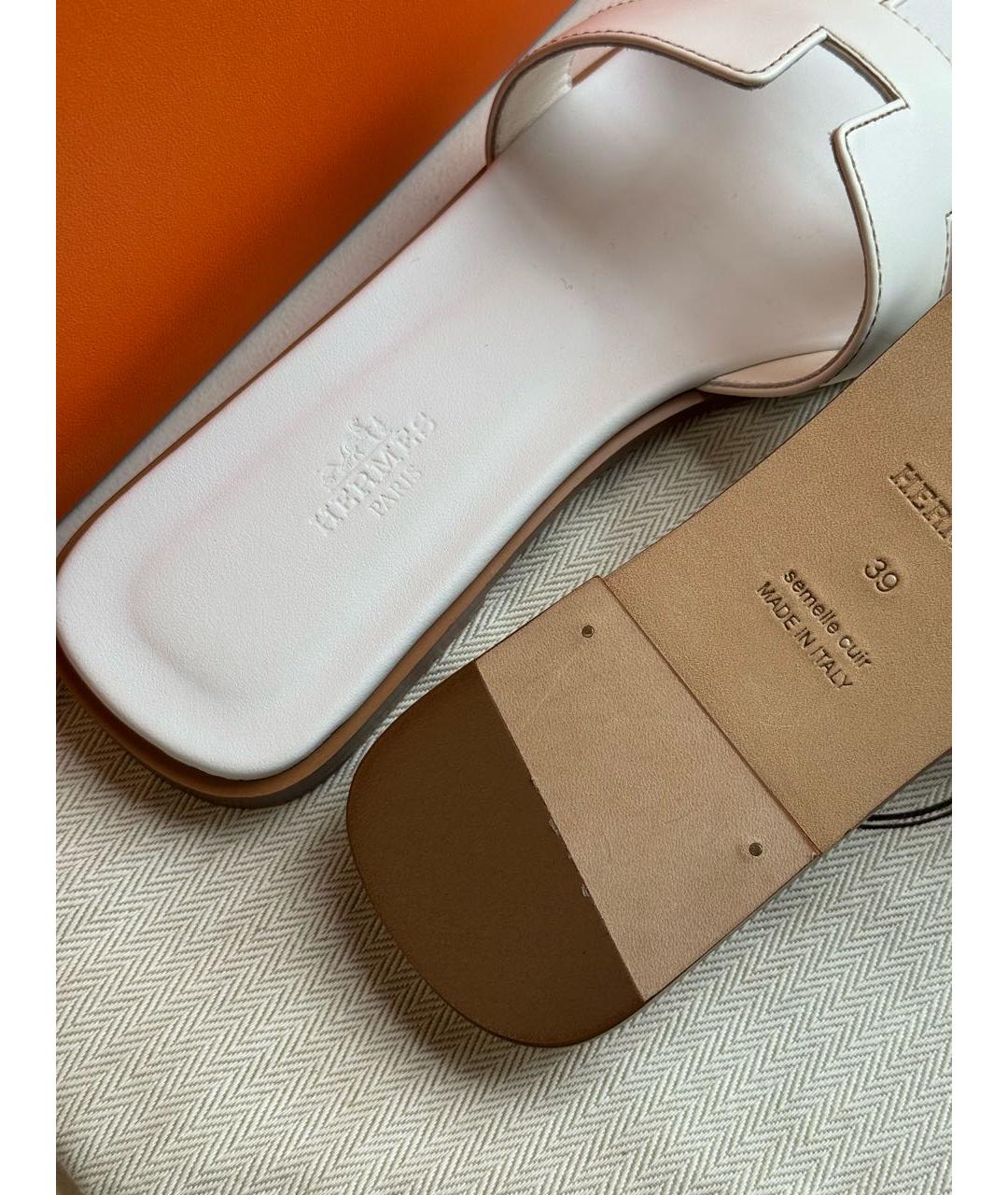 HERMES Белые кожаные шлепанцы, фото 4