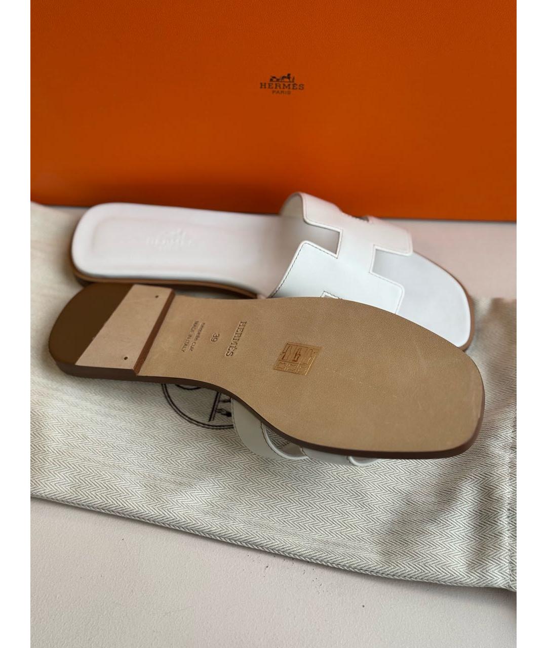HERMES Белые кожаные шлепанцы, фото 5