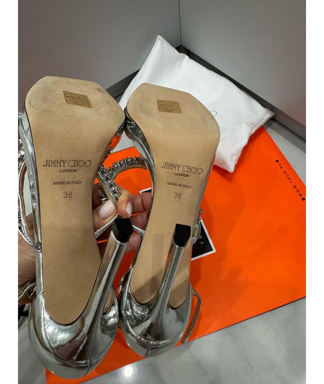 JIMMY CHOO Серебряные кожаные босоножки, фото 6