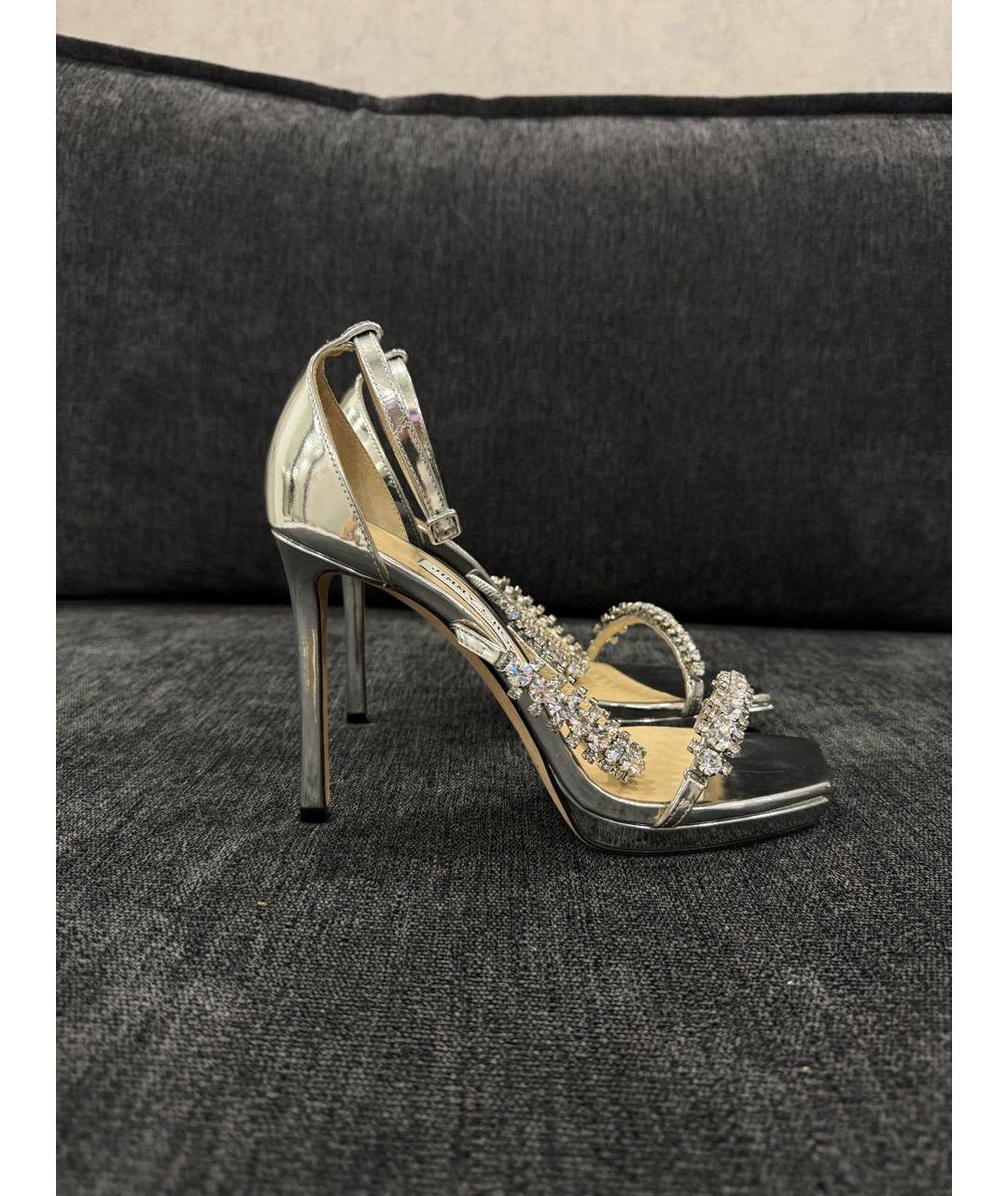 JIMMY CHOO Серебряные кожаные босоножки, фото 9