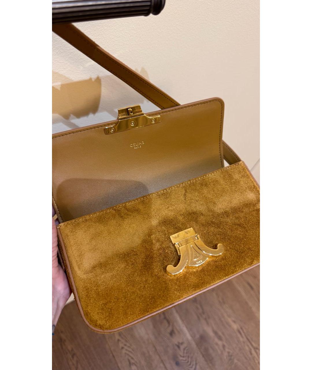 CELINE Горчичная замшевая сумка с короткими ручками, фото 5