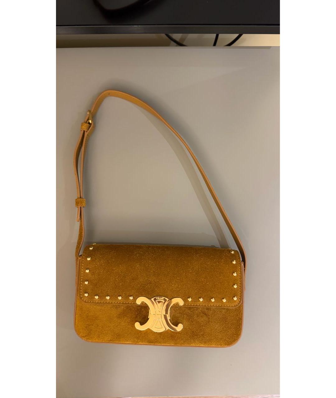 CELINE Горчичная замшевая сумка с короткими ручками, фото 6