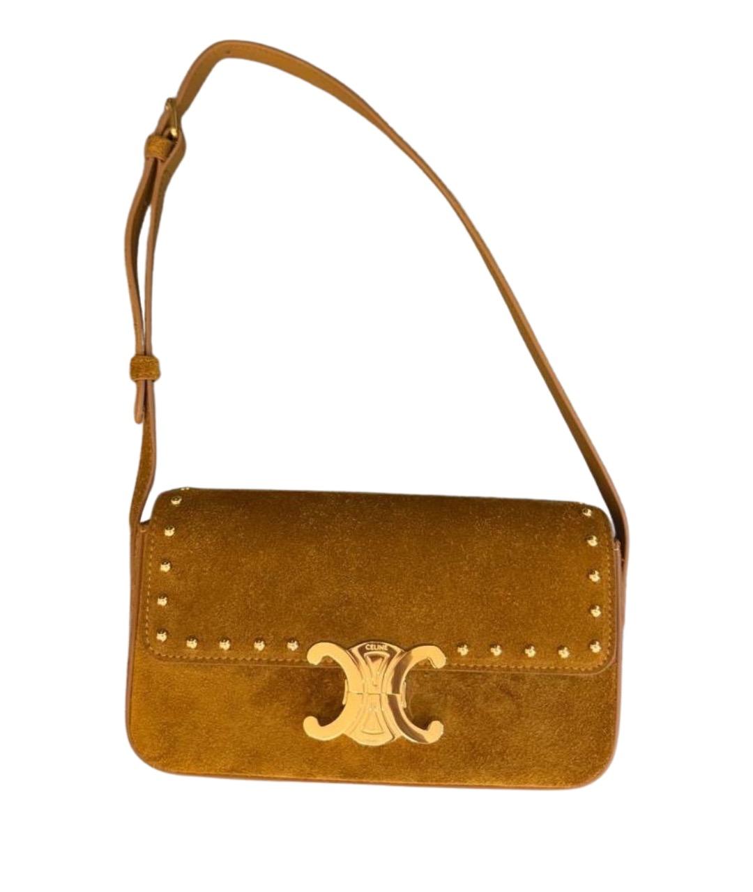 CELINE Горчичная замшевая сумка с короткими ручками, фото 1