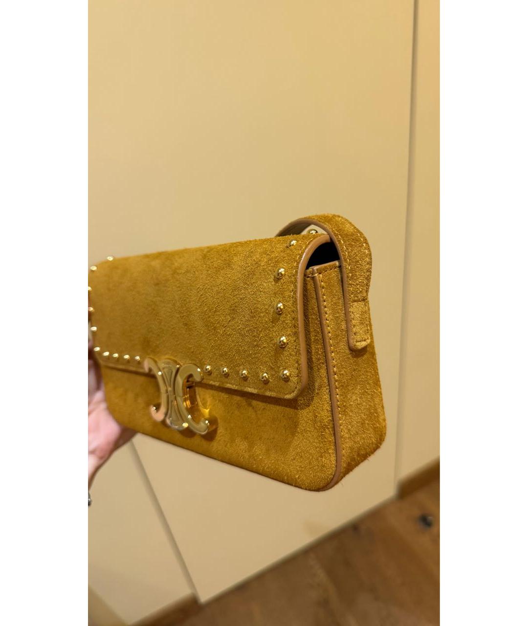 CELINE Горчичная замшевая сумка с короткими ручками, фото 4