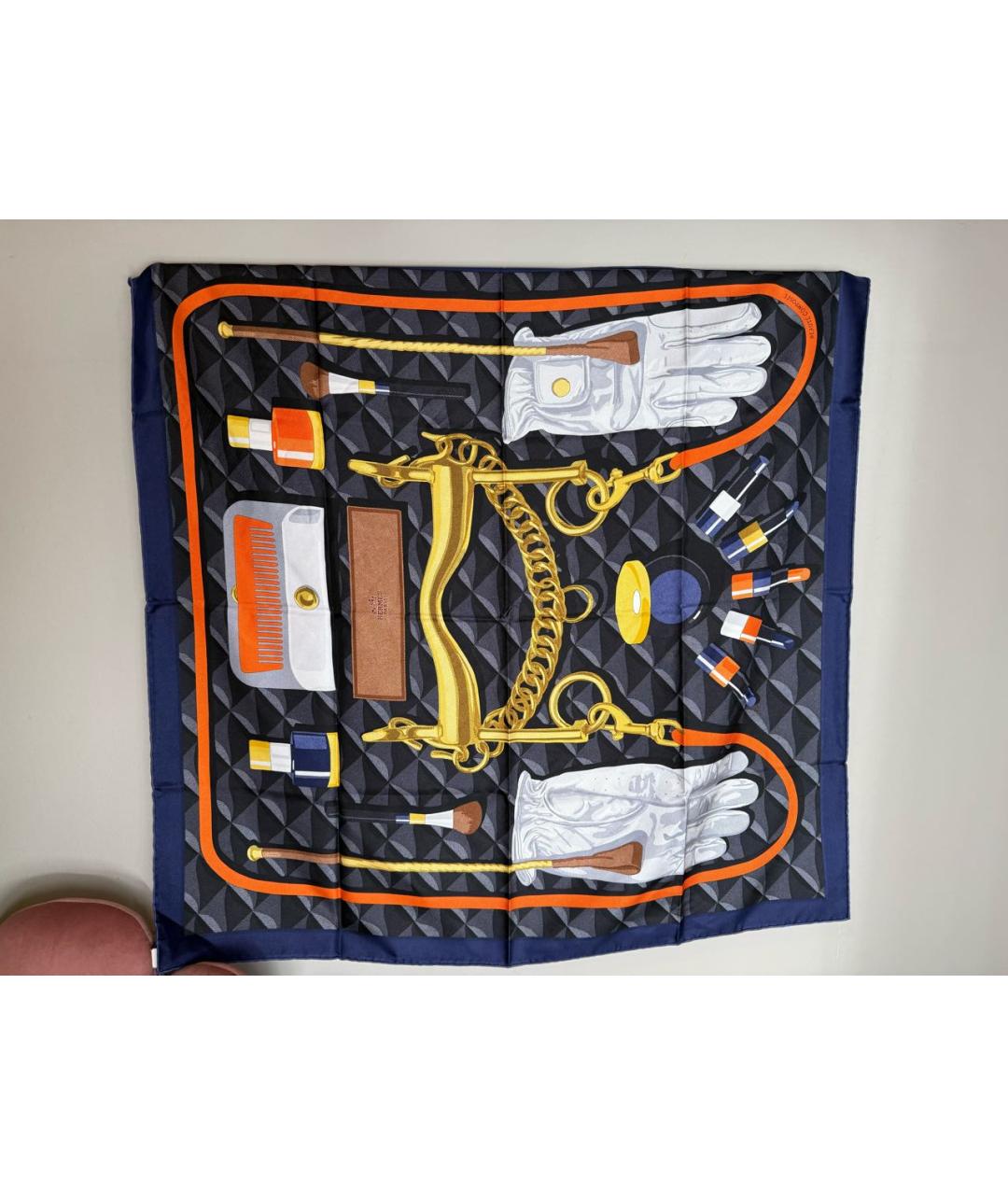 HERMES Темно-синий шелковый платок, фото 8