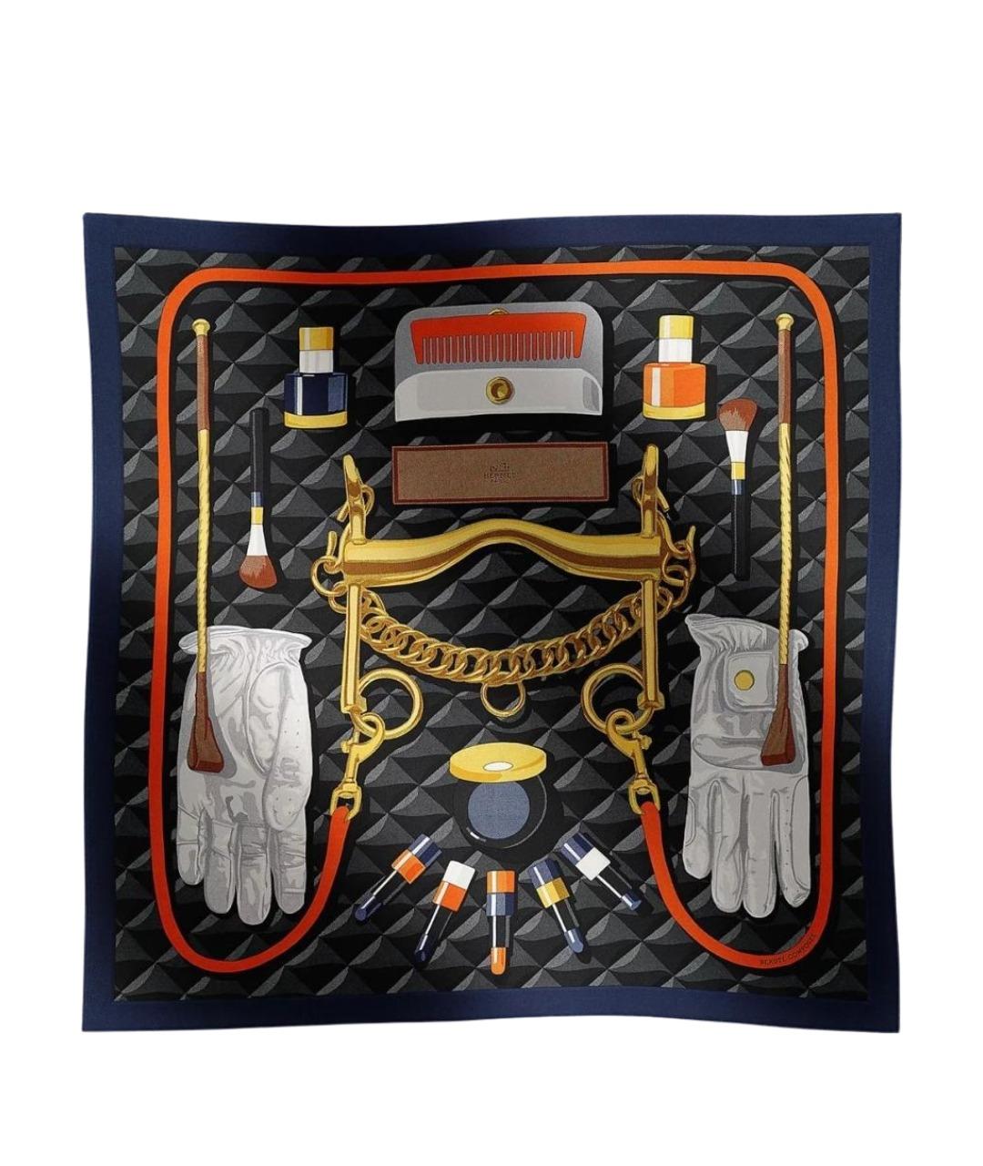 HERMES Темно-синий шелковый платок, фото 1