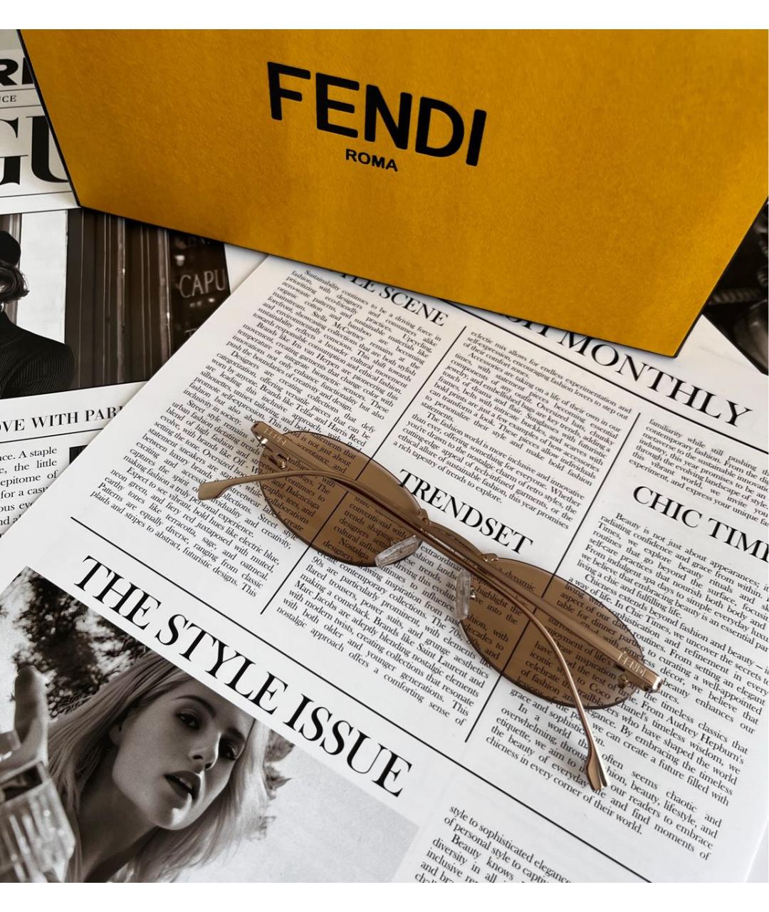 FENDI Бежевые металлические солнцезащитные очки, фото 3