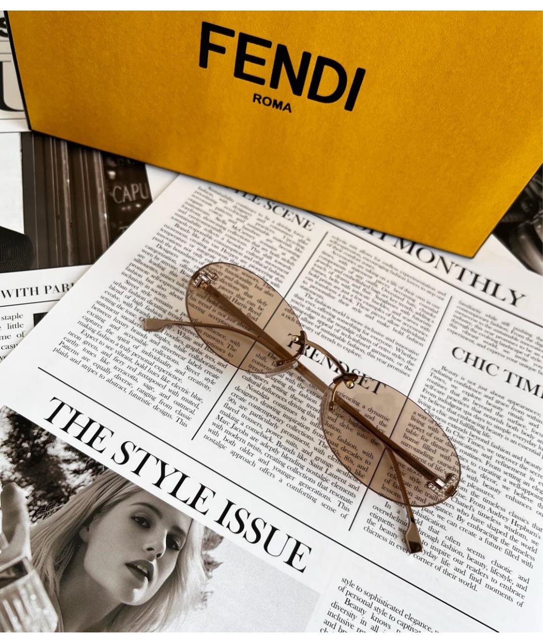 FENDI Бежевые металлические солнцезащитные очки, фото 2