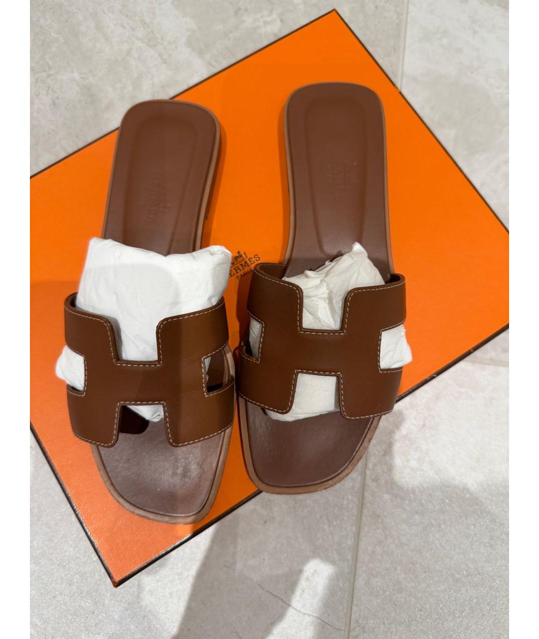 HERMES Коричневые кожаные сандалии, фото 2