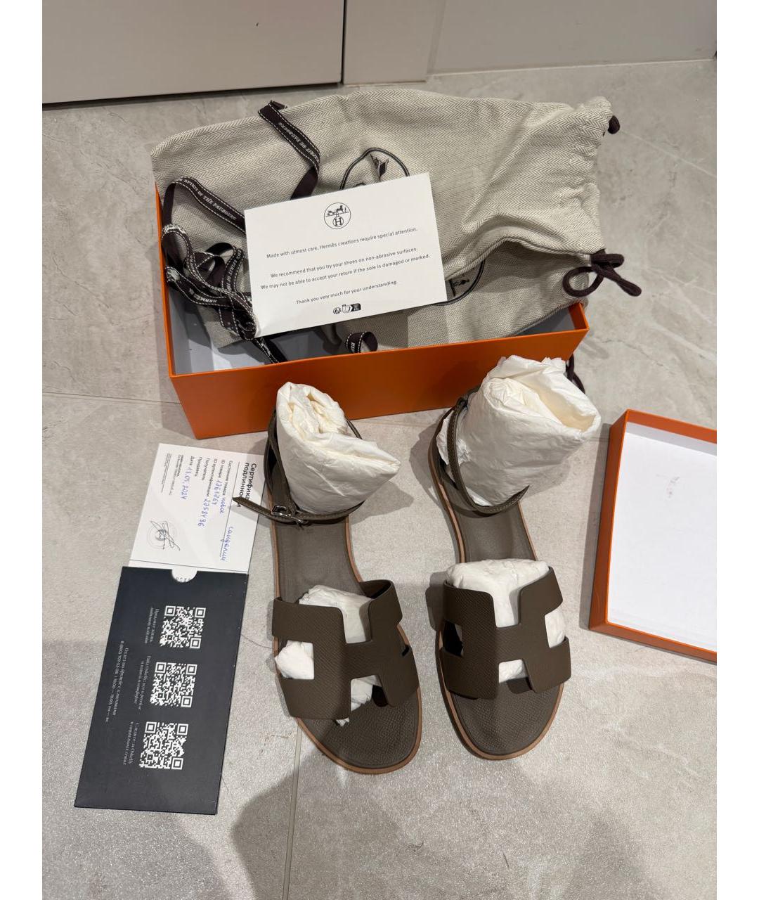 HERMES Антрацитовые кожаные сандалии, фото 3