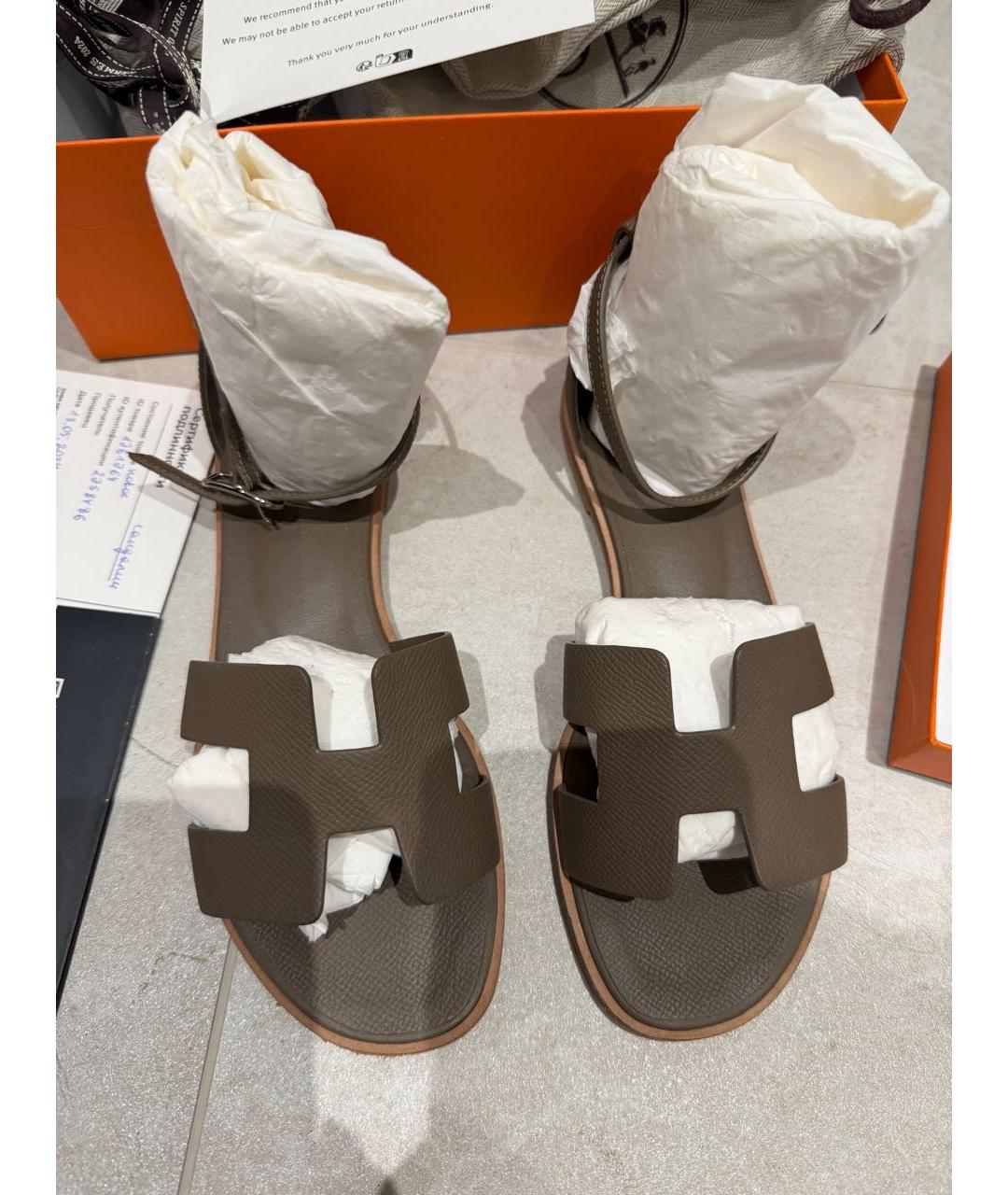 HERMES Антрацитовые кожаные сандалии, фото 2