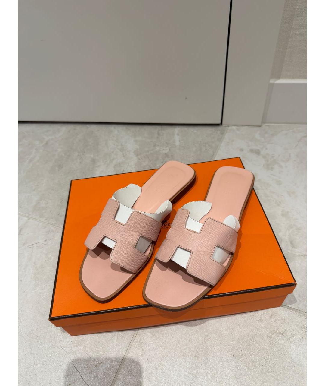 HERMES Розовые кожаные шлепанцы, фото 2