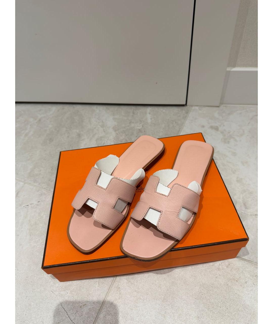 HERMES Розовые кожаные шлепанцы, фото 3