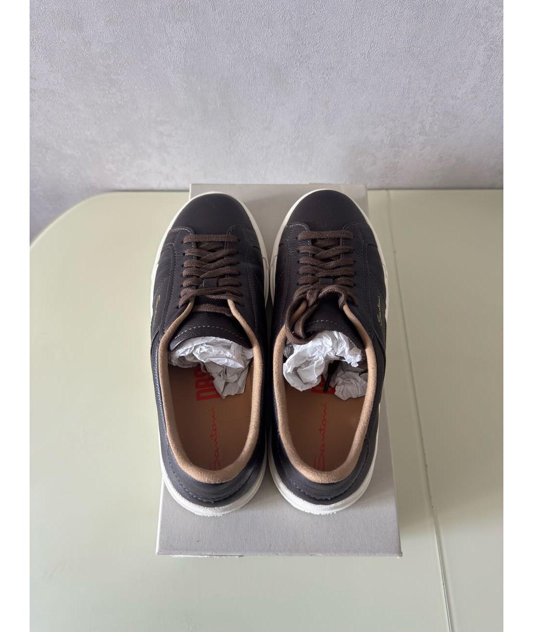 SANTONI Коричневые кожаные низкие кроссовки / кеды, фото 3