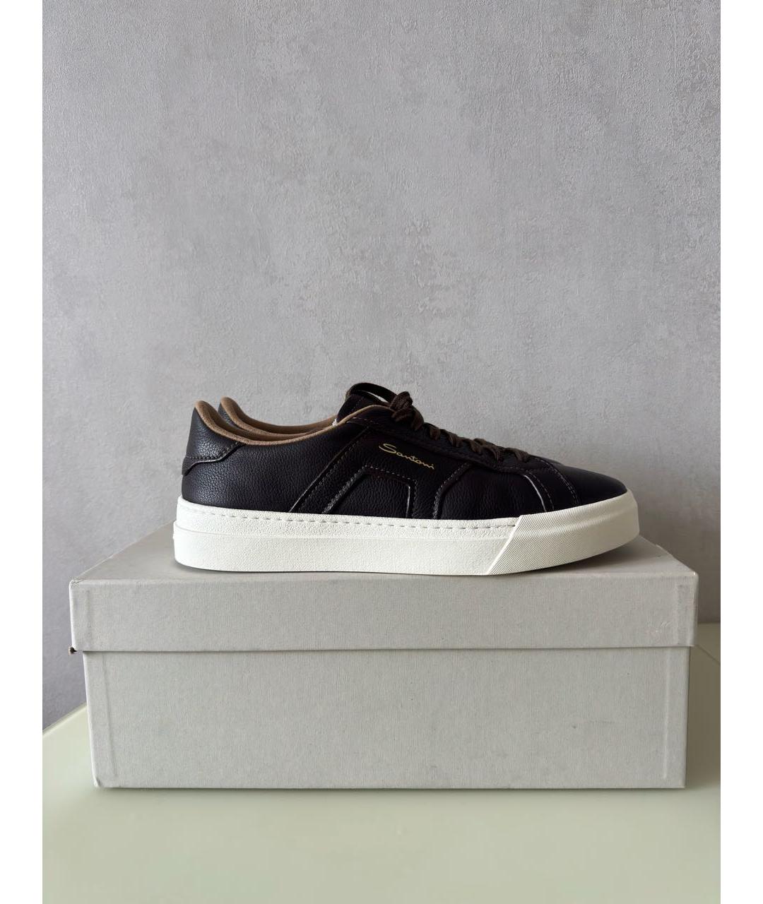 SANTONI Коричневые кожаные низкие кроссовки / кеды, фото 9