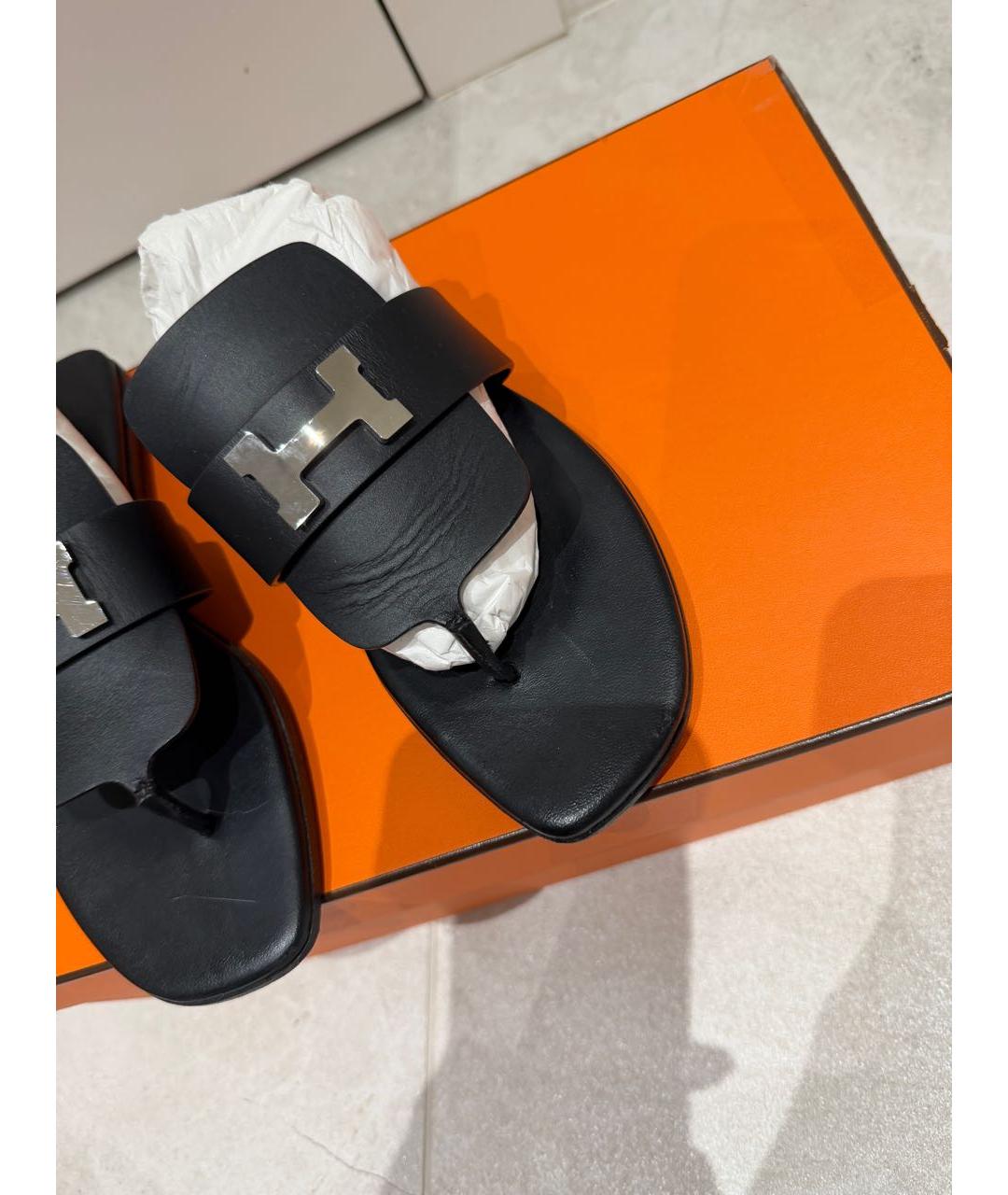 HERMES Черные кожаные шлепанцы, фото 3