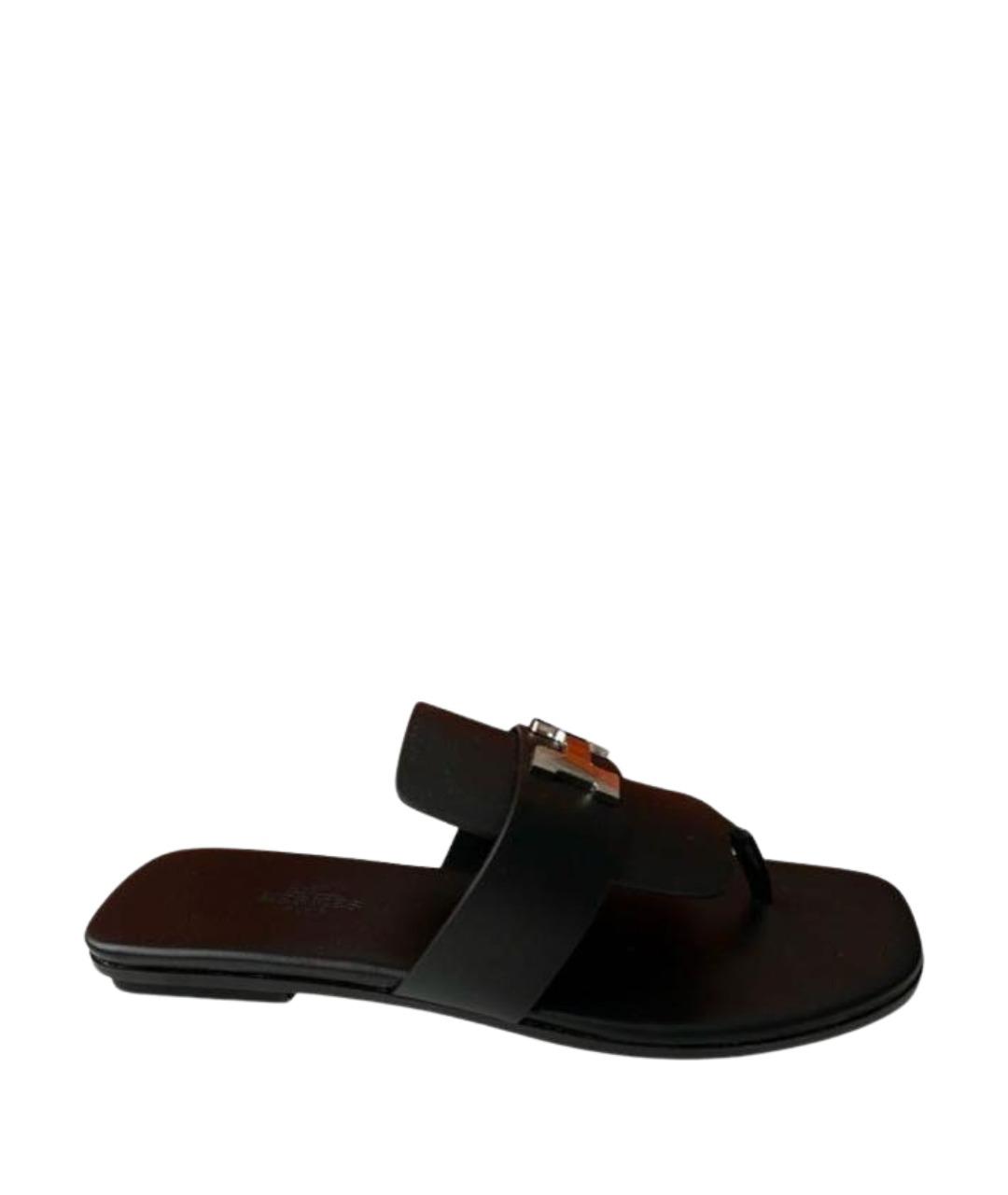 HERMES Черные кожаные шлепанцы, фото 1