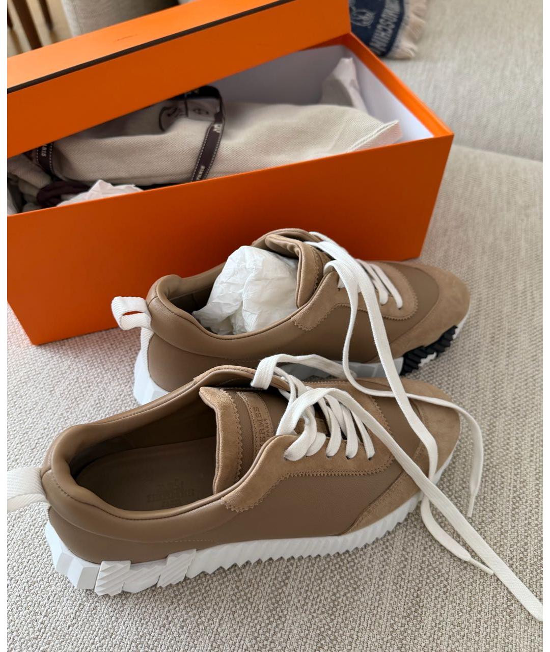 HERMES Бежевые кожаные кроссовки, фото 4