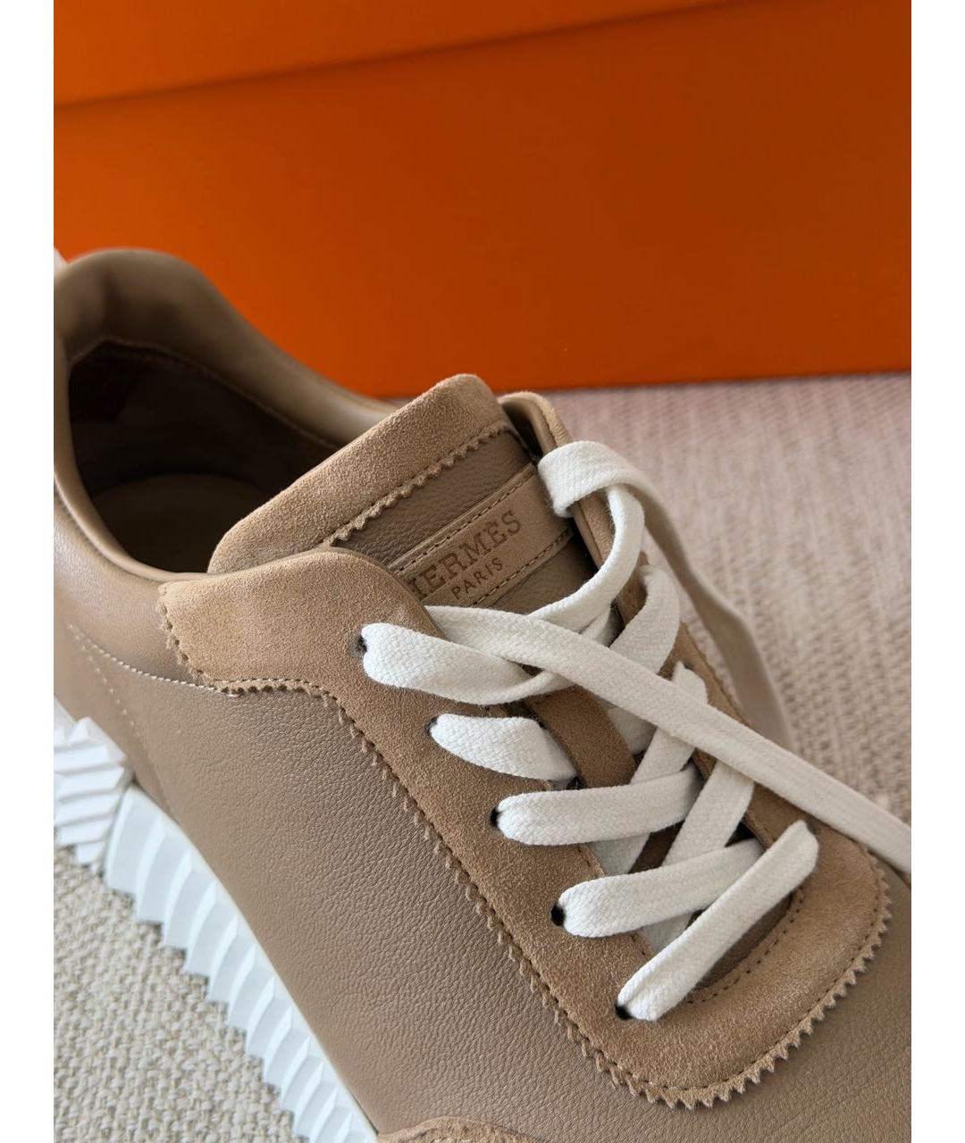 HERMES Бежевые кожаные кроссовки, фото 5