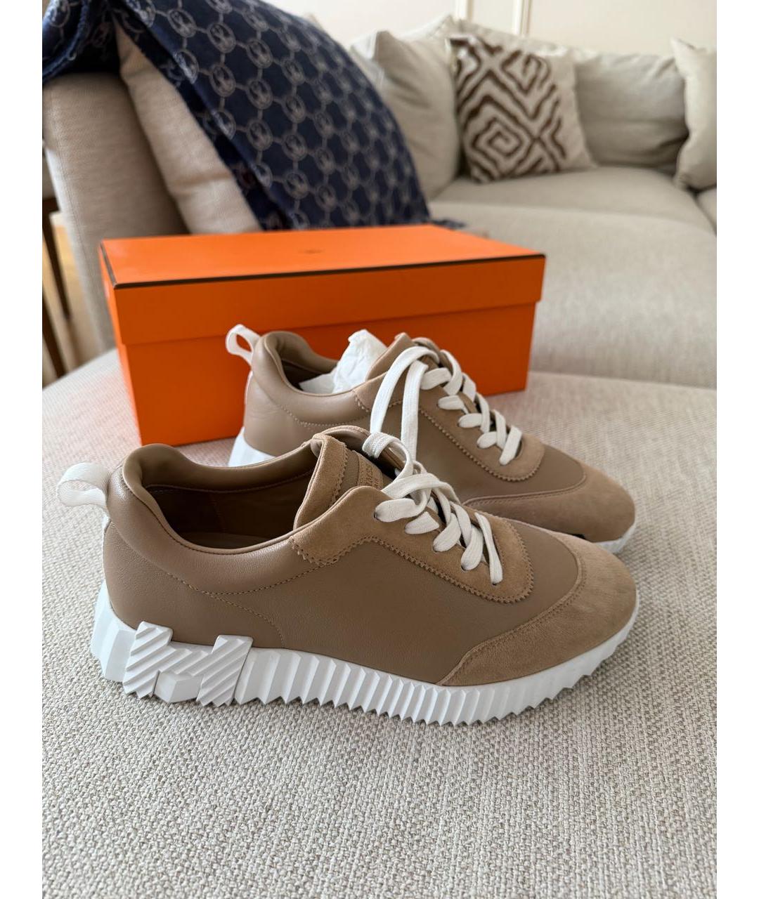 HERMES Бежевые кожаные кроссовки, фото 6