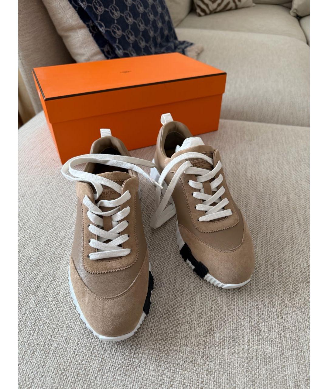 HERMES Бежевые кожаные кроссовки, фото 2