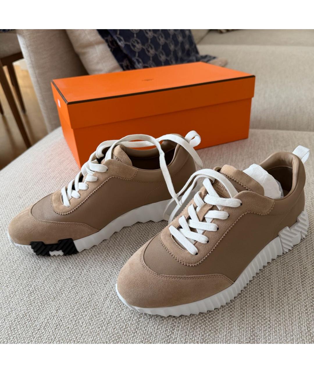 HERMES Бежевые кожаные кроссовки, фото 3