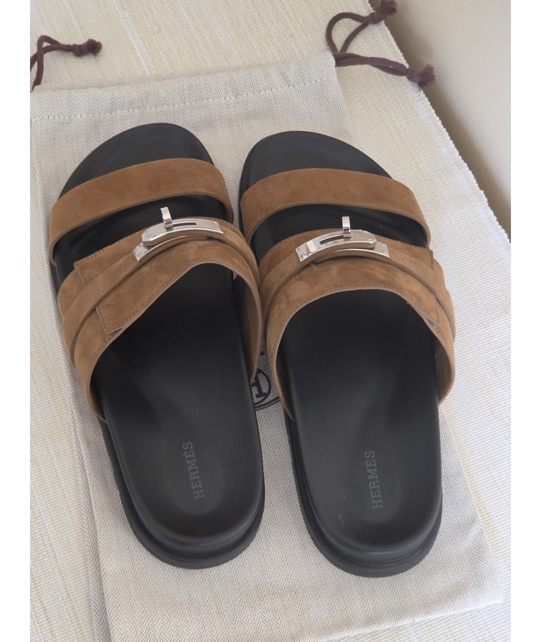 HERMES Коричневые замшевые шлепанцы, фото 3