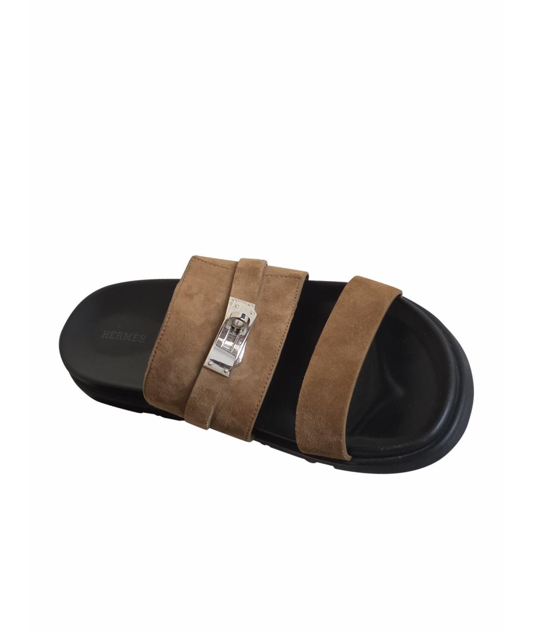 HERMES Коричневые замшевые шлепанцы, фото 1