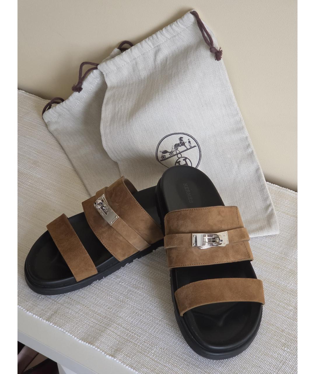 HERMES Коричневые замшевые шлепанцы, фото 6