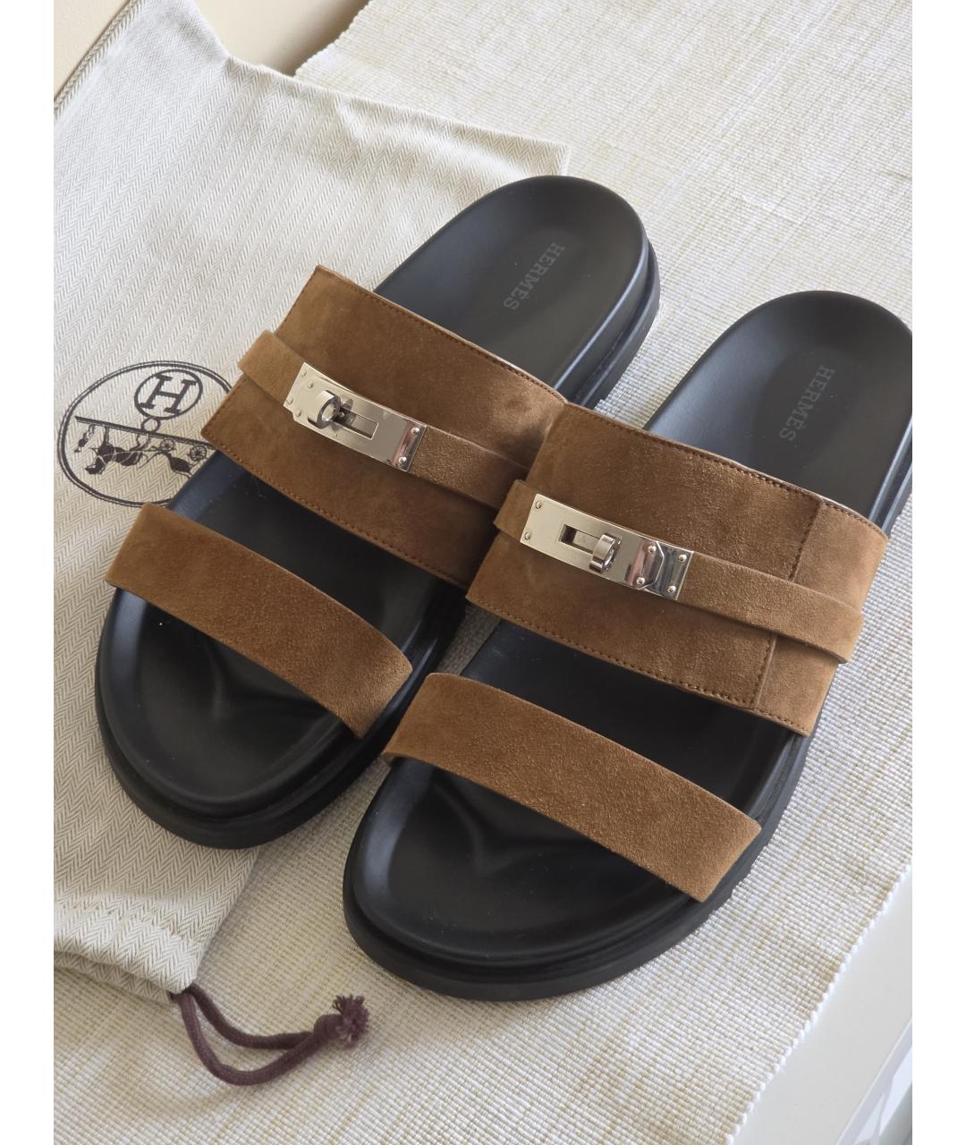 HERMES Коричневые замшевые шлепанцы, фото 2