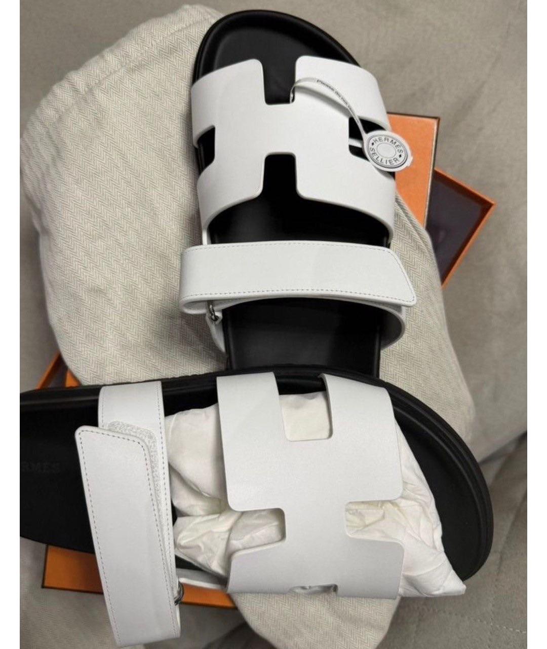 HERMES Белые кожаные шлепанцы, фото 3