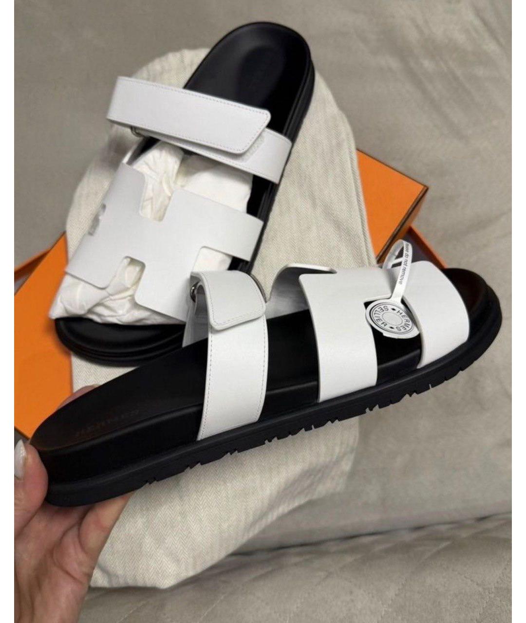 HERMES Белые кожаные шлепанцы, фото 9