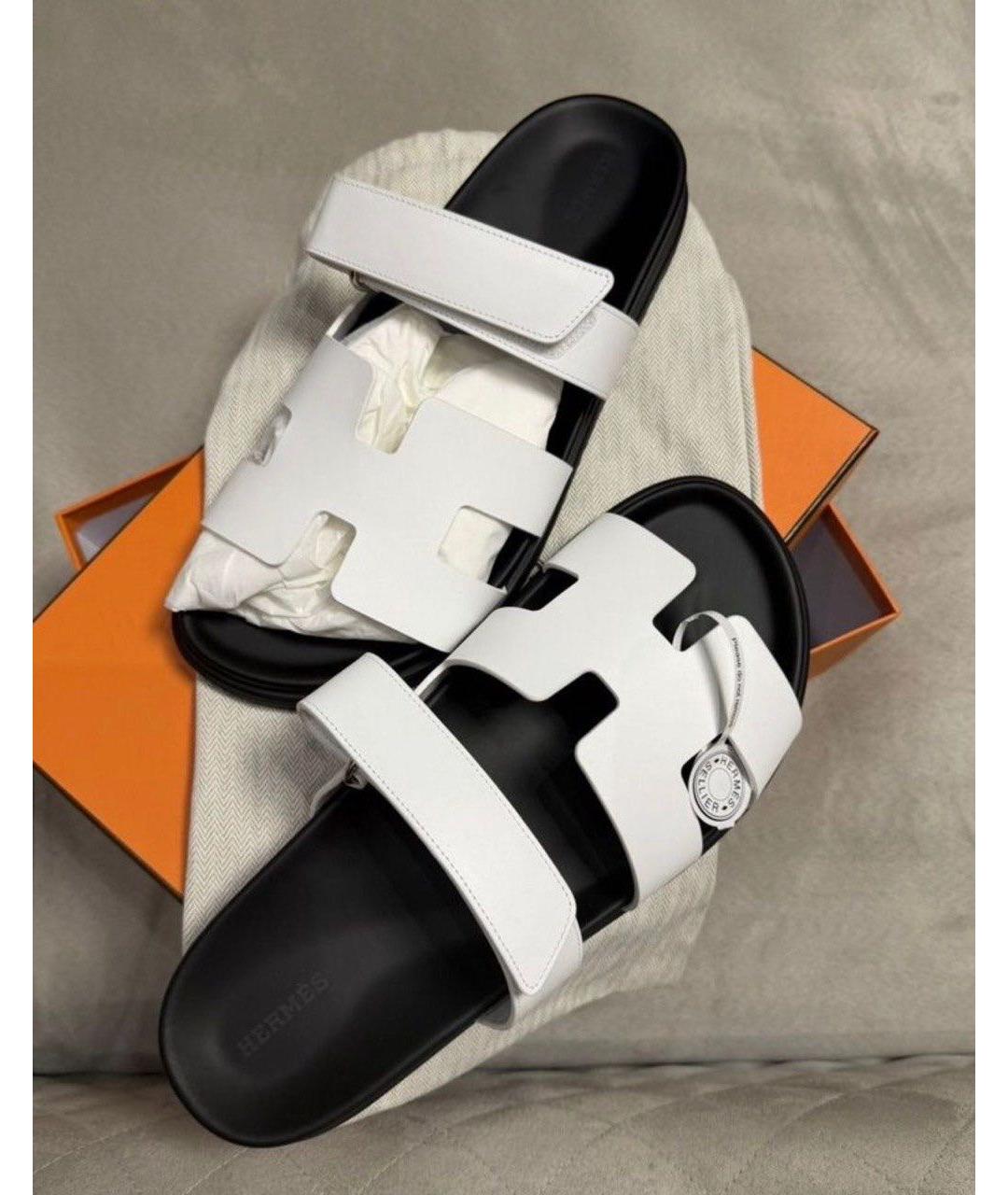 HERMES Белые кожаные шлепанцы, фото 2