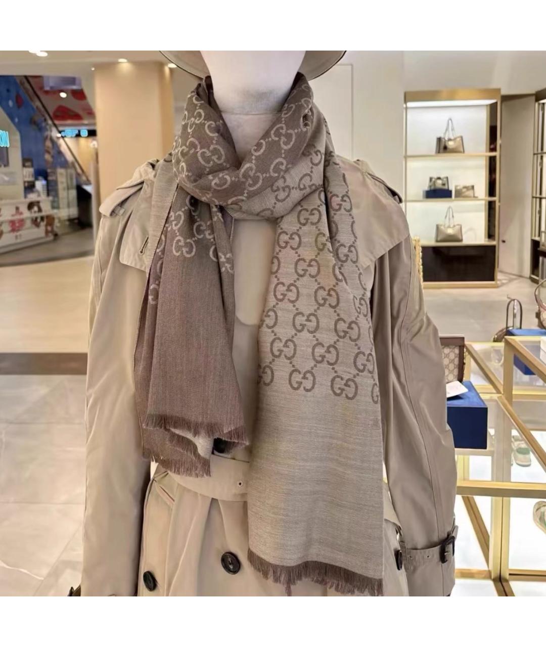 GUCCI Коричневый шерстяной шарф, фото 3