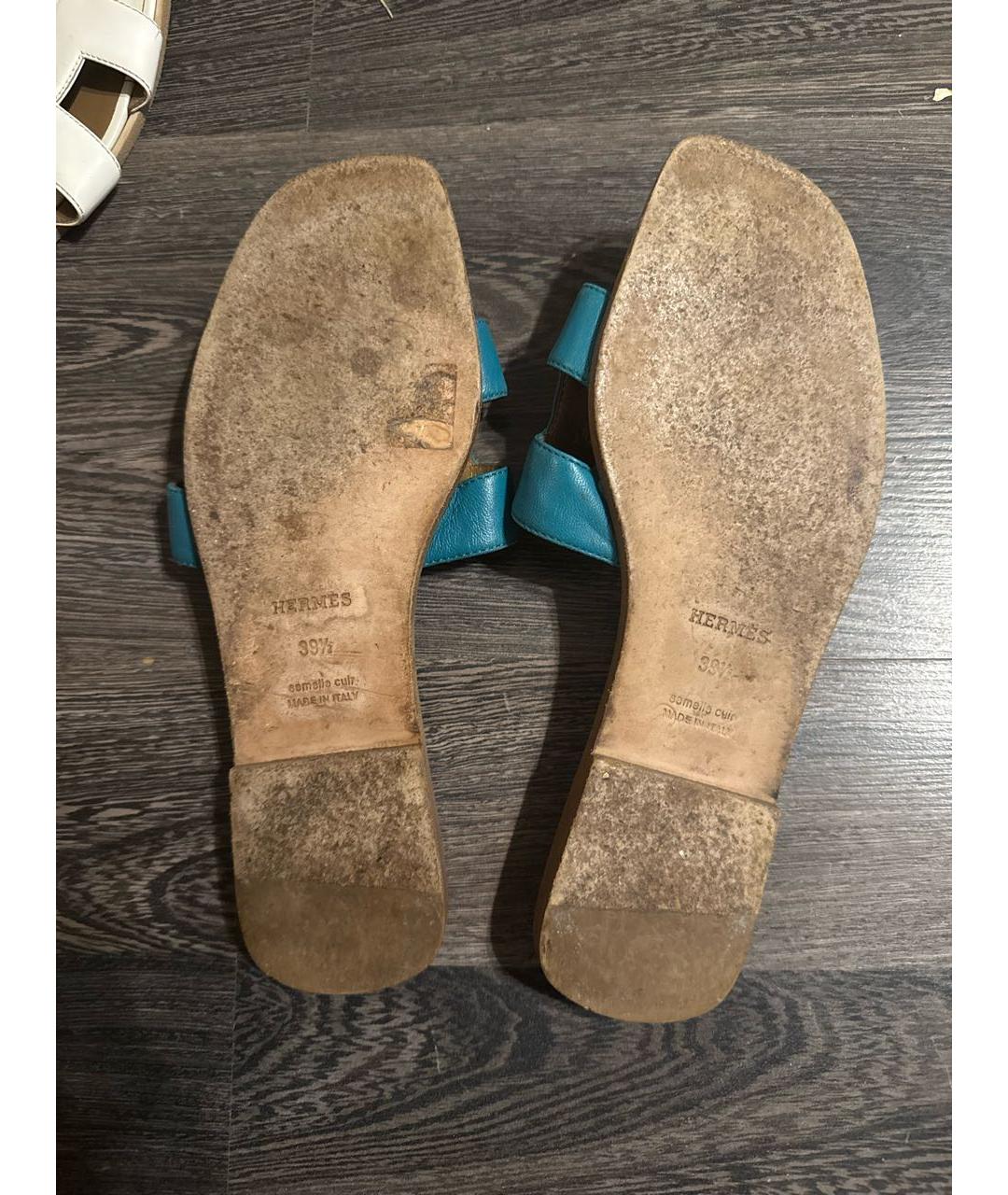HERMES Бирюзовые кожаные шлепанцы, фото 3