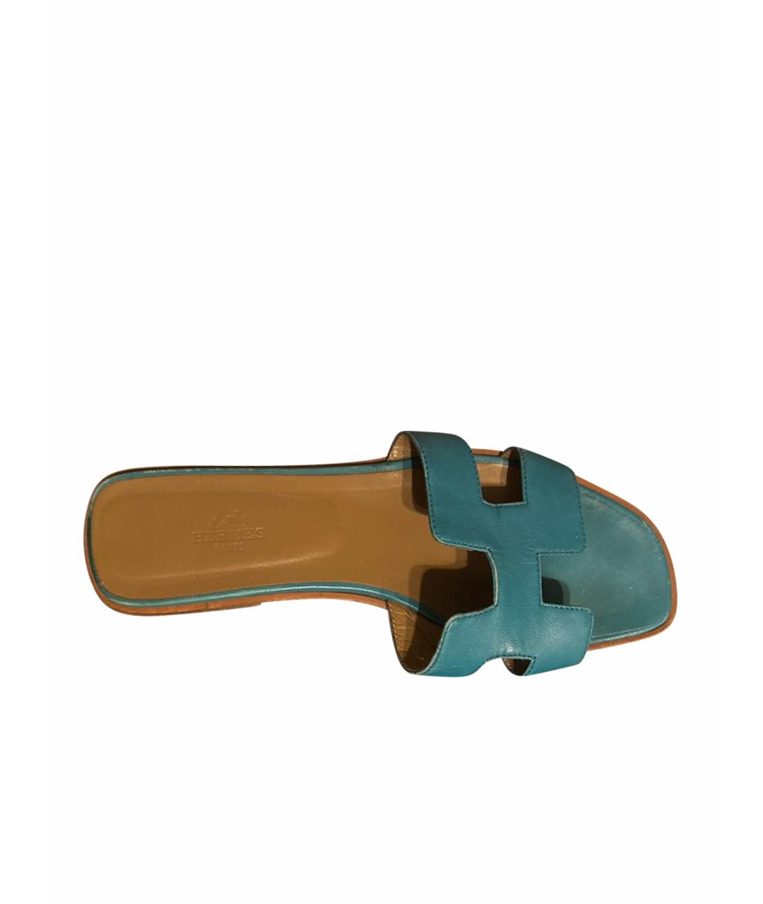 HERMES Бирюзовые кожаные шлепанцы, фото 1