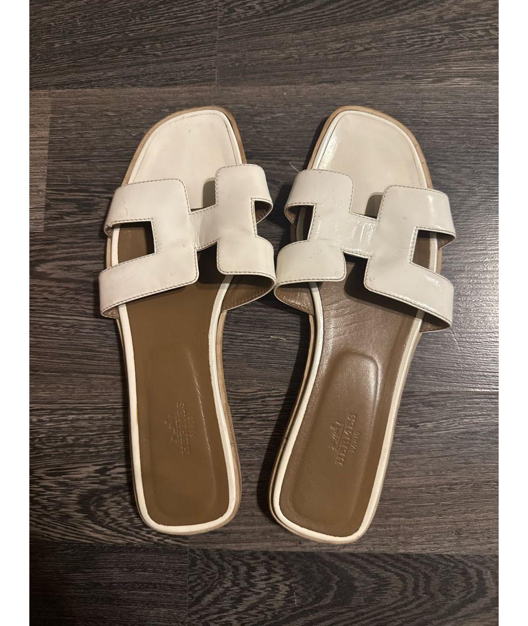 HERMES Белые кожаные шлепанцы, фото 2