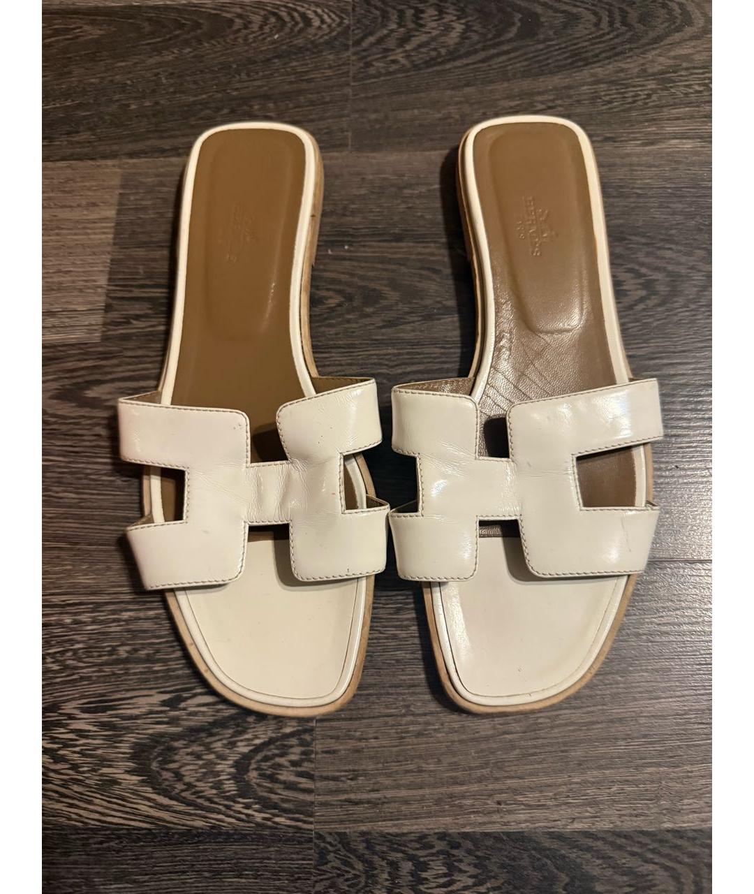 HERMES Белые кожаные шлепанцы, фото 4