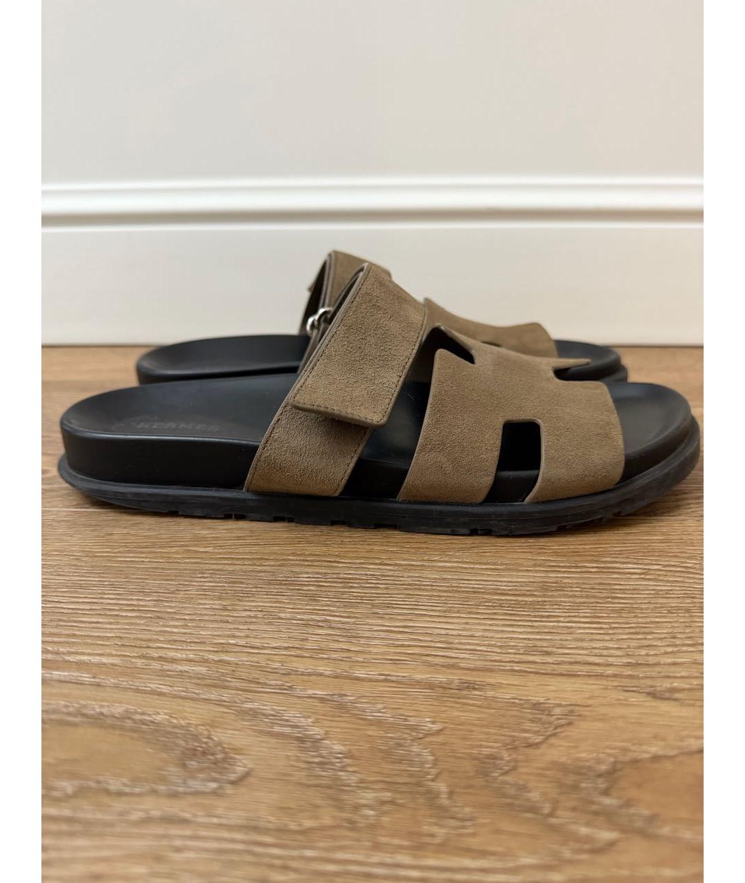 HERMES Коричневые замшевые шлепанцы, фото 7